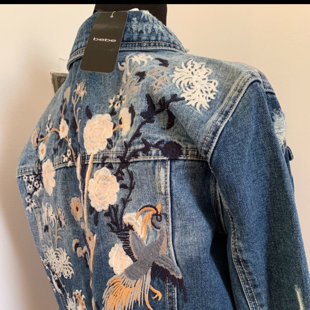 Bebe- distressed/ embroidered denim jacket *NEW*